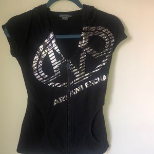 Ladies Armani Exchange METALLIC Logo Hooded Sleeveless Sweater Size S BLACK